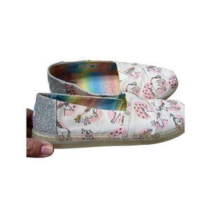 Toms Girls Pink White Pastel Shimmer Unicorn Print Slip On Shoes Size 5